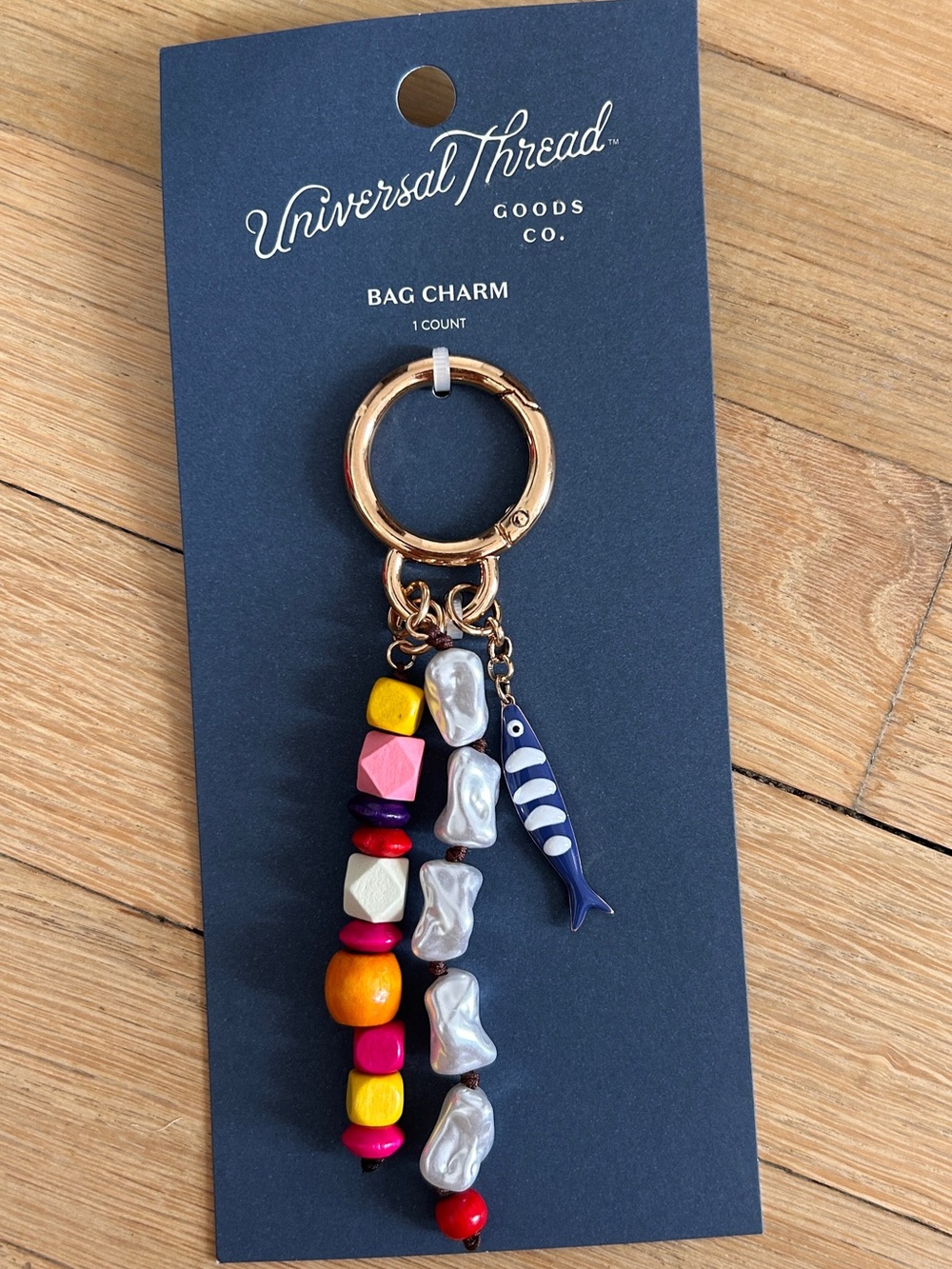 Universal Thread Multicolor Bead & Navy Fish Keychain with Rose Gold Ring